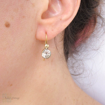 Antique Paste Conversion Earrings, Georgian Black Dot Old Cut Paste Drop Earrings in Gilt Metal. Circa 1800s.