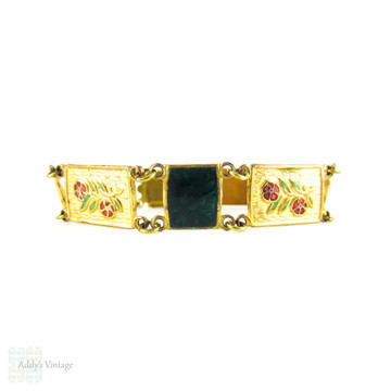 SALE 1940s Enamel & Brass Bracelet, Vintage Poppy Flower Green and Red Enamel Link Bracelet.