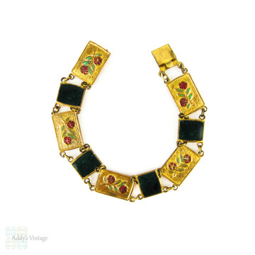SALE 1940s Enamel & Brass Bracelet, Vintage Poppy Flower Green and Red Enamel Link Bracelet.