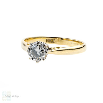 Mid Century Diamond Solitaire Engagement Ring, 0.25 ct Round Brilliant Cut Single Stone Ring. 18ct Yellow Gold.