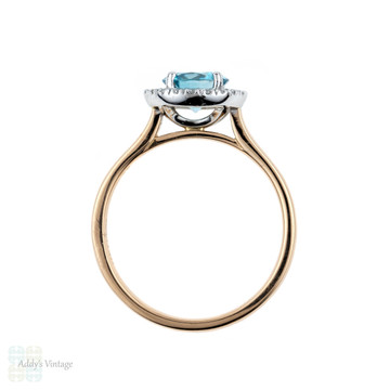 Blue Zircon & Diamond Engagement Ring. Handmade Diamond Halo in 18ct Rose Gold & Platinum.