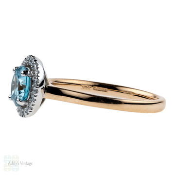 Blue Zircon & Diamond Engagement Ring. Handmade Diamond Halo in 18ct Rose Gold & Platinum.