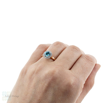 Blue Zircon & Diamond Engagement Ring. Handmade Diamond Halo in 18ct Rose Gold & Platinum.