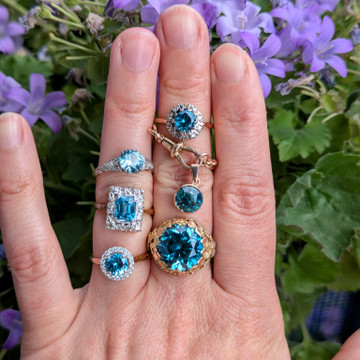 Blue Zircon & Diamond Engagement Ring. Handmade Diamond Halo in 18ct Rose Gold & Platinum.