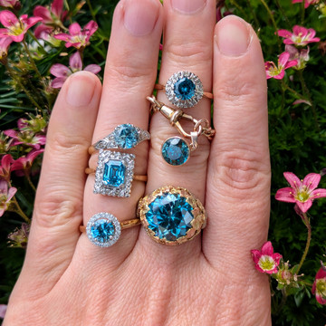 Blue Zircon & Diamond Engagement Ring. Handmade Diamond Halo in 18ct Rose Gold & Platinum.