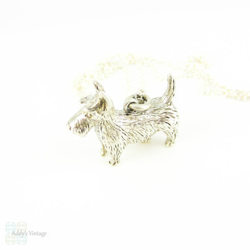 Silver Scottie Dog Pendant, Large Edwardian Sterling Silver Scottish Terrier Charm on Adjustable Sterling Chain.