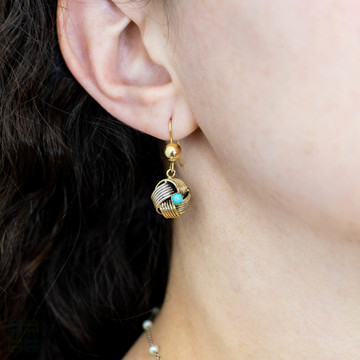 Victorian 9k Love Knot Earrings, Antique 9ct Gold Turquoise Dangle Earrings.