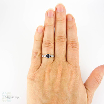Sapphire & Diamond Engagement Ring, Three Stone Ring in Engraved Beaded 18ct & Platinum Setting. Circa 1930s.