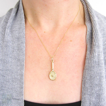 Tennis Racket Charm, Vintage 9ct Pendant on 9k Yellow Gold Chain. Game, Set, Match, Circa 1980s.