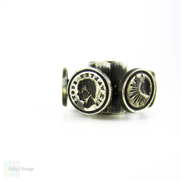 Antique Victorian Intaglio Seal Wheel. Multi Wax Seals: Hand with Heart, Ship, Forget Me Not, Dog, Masonic Eye. Circa 1880s.