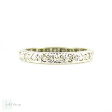 1930s Diamond Eternity Ring, 18ct White Gold Full Hoop Wedding Band with Engraved Sides. Size M / 6.25.