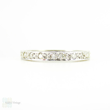 1930s Diamond Eternity Ring, 18ct White Gold Full Hoop Wedding Band with Engraved Sides. Size M / 6.25.