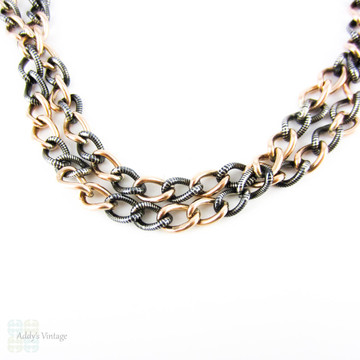 Antique Niello & Rose Gold Gilt Chain, French Long Curb Link Necklace with Spring Bolt Clasp. Circa 1900, 73 cm / 28.75 inches.