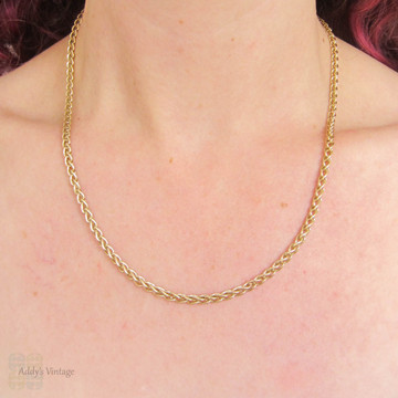 Edwardian 9ct Gold Chain, Heavy Antique Wheat Link Woven Necklace. 50 cm / 19.75 inches, 16.3 grams.