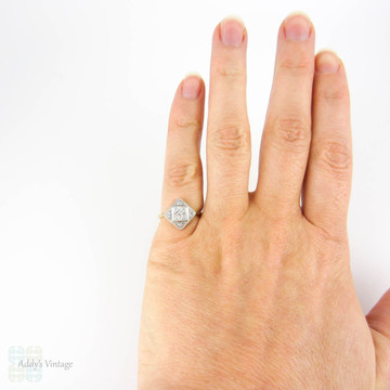 1930s Diamond Engagement Ring, Kite Shape Pave Set Art Deco Ring with Milgrain Beading. 18ct PLAT.
