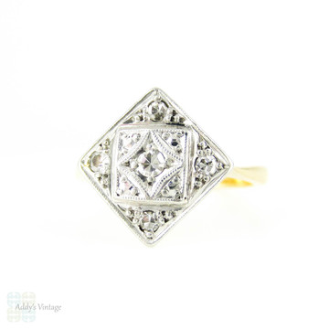 1930s Diamond Engagement Ring, Kite Shape Pave Set Art Deco Ring with Milgrain Beading. 18ct PLAT.