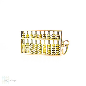 Vintage 14K Gold Abacus Charm, Tactile Moving Yellow Gold Mid 20th Century Pendant.