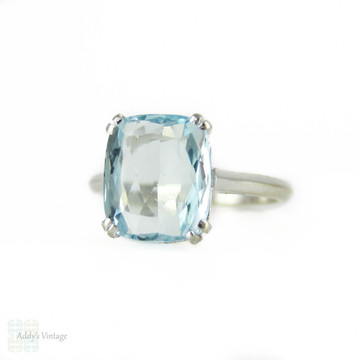 Aquamarine Single Stone Ring in 18ct White Gold, Cushion Cut Gem in Double Claw Solitaire Mounting.