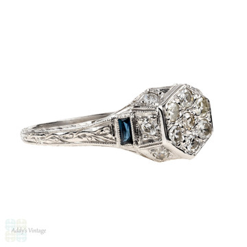 Art Deco Platinum Engagement Ring, Filigree Diamond Cluster Ring with French Cut Blue Sapphires.