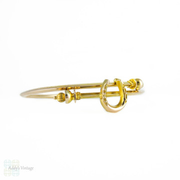 Antique 9ct Horseshoe Bracelet, Victorian Gold Bypass Design Lucky Horseshoe Bangle.