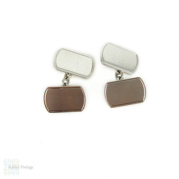 Mid Century Sterling Silver Cuff Links, Men's Engraved Rectangular Shaped Double Face Cufflinks. Circa 1960s.