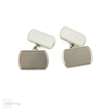 Mid Century Sterling Silver Cuff Links, Men's Engraved Rectangular Shaped Double Face Cufflinks. Circa 1960s.