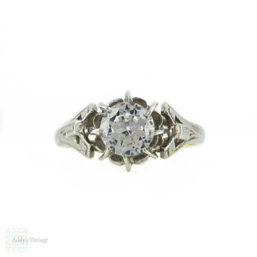 Vintage Synthetic White Spinel Engagement Ring, 1940s Engraved 9ct Yellow Gold & Sterling Silver Mounting.