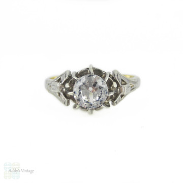 Vintage Synthetic White Spinel Engagement Ring, 1940s Engraved 9ct Yellow Gold & Sterling Silver Mounting.