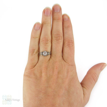 Vintage Synthetic White Spinel Engagement Ring, 1940s Engraved 9ct Yellow Gold & Sterling Silver Mounting.