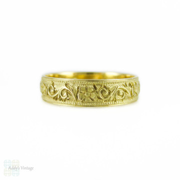 Vintage Hand Engraved Ring, Art Deco Floral Engraving 15ct Gold Wedding Band. Size F / 3, Child's Ring.