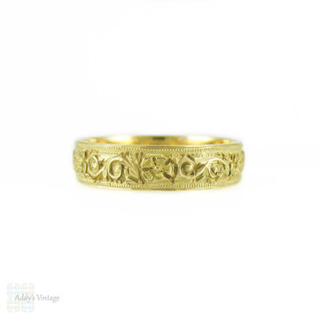 Vintage Hand Engraved Ring, Art Deco Floral Engraving 15ct Gold Wedding Band. Size F / 3, Child's Ring.