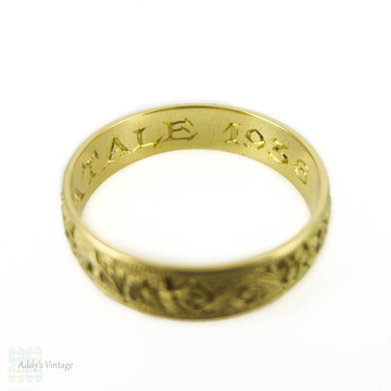 Vintage Hand Engraved Ring, Art Deco Floral Engraving 15ct Gold Wedding Band. Size F / 3, Child's Ring.