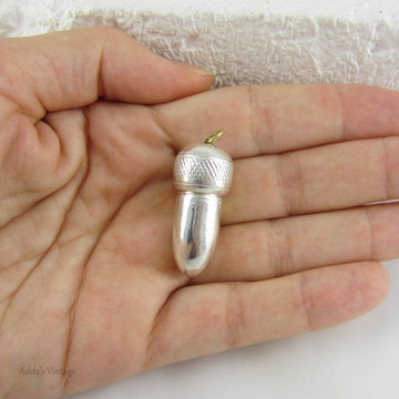 Antique Sterling Silver Acorn Pendant. Charm with Screw Top, Snuff Holder.