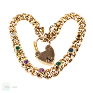 Antique 9ct Gold DEAREST Bracelet, Victorian 9k Curb Link with Heart Padlock Clasp.