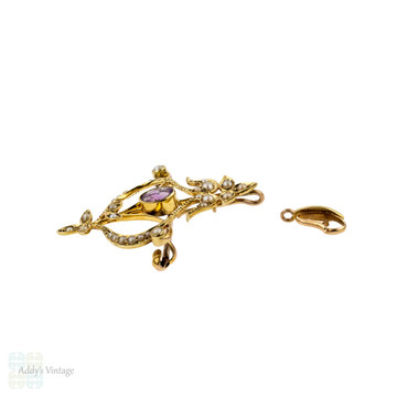 Edwardian Amethyst & Pearl 15k Pendant. Antique Floral 15ct Gold Convertible Brooch.