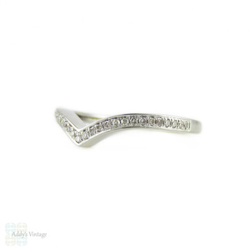 Diamond Platinum Wishbone Wedding Ring, Estate Shaped Pave Set Diamond Band. Size K / 5.25.