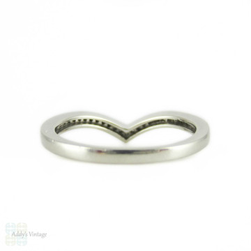 Diamond Platinum Wishbone Wedding Ring, Estate Shaped Pave Set Diamond Band. Size K / 5.25.