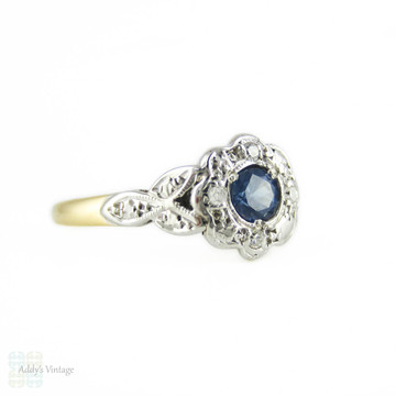 Art Deco Sapphire & Diamond Ring, Daisy Flower Shape Ring with Leaf Design Setting. 18ct & Platinum.