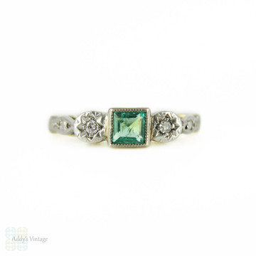 Emerald & Diamond Engagement Ring, Engraved Setting Three Stone 18ct Ring Circa 1930s.