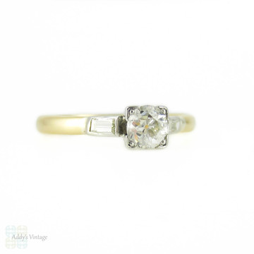 Antique Diamond Engagement Ring, Old Mine Cut with Baguette Sides. 18ct Gold.