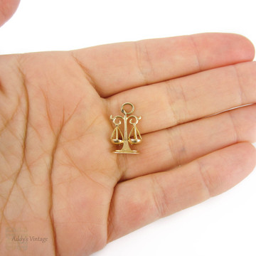 Vintage 9ct Gold Scales Charm, Scales of Justice or Libra Zodiac Fully 9K Hallmarked Mid 20th Century Pendant.