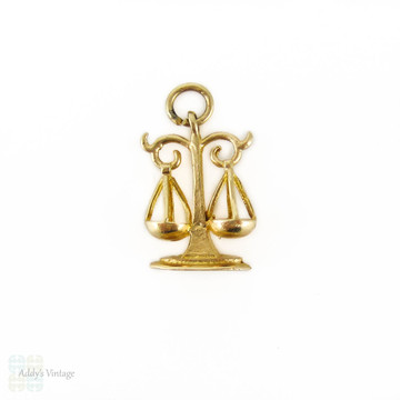 Vintage 9ct Gold Scales Charm, Scales of Justice or Libra Zodiac Fully 9K Hallmarked Mid 20th Century Pendant.