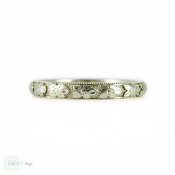 1930s Engraved Wedding Ring, 18k White Gold Orange Blossom Engraved Band by Traub. Size L / 5.75.