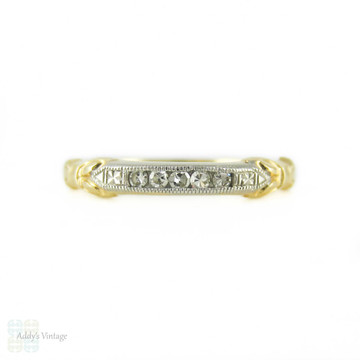 1940s Diamond Wedding Ring, Half Hoop Five Stone Band with Engraving. 14k & Palladium.