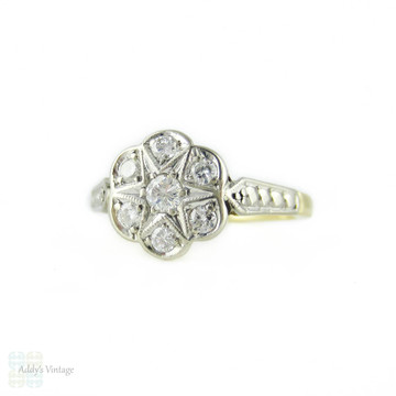 Mid Century Diamond Cluster Engagement Ring, Vintage Daisy Shape Ring with Engraving in 18ct Gold.