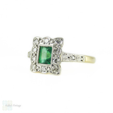 Art Deco Emerald & Diamond Engagement Ring, Rectangle Cluster Ring. Circa 1930s, 9ct & Platinum.