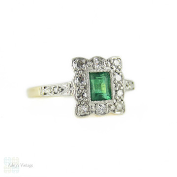 Art Deco Emerald & Diamond Engagement Ring, Rectangle Cluster Ring. Circa 1930s, 9ct & Platinum.