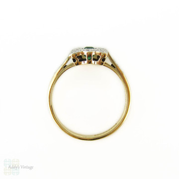 Art Deco Emerald & Diamond Engagement Ring, Rectangle Cluster Ring. Circa 1930s, 9ct & Platinum.