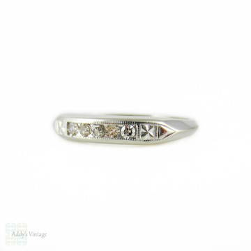 Art Deco Diamond Wedding Ring, 18K White Gold Five Stone Band with Engraving.