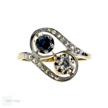 French Diamond & Sapphire Ring, 1930s Toi et Moi Ring. 18ct Yellow & White Gold.